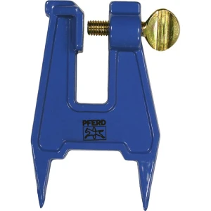 PFERD 5-inch chainsaw bar filing vice securely clamped to a wooden surface, used to hold chainsaw bars steady for safe and precise chain sharpening in the field. Perfect for professional arborists and tree care specialists. Call Endor’s Arborist & Rope Supply at (234) 410-3240 to get expert gear and guidance today!