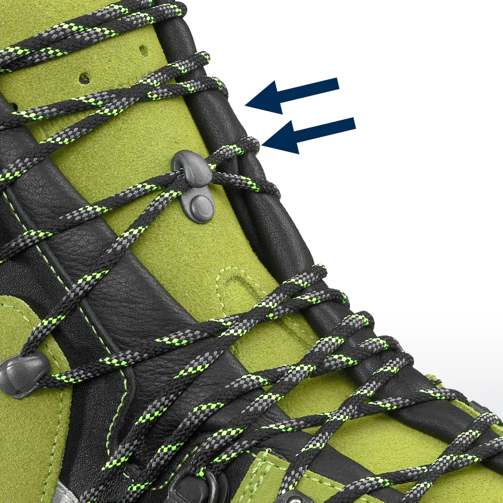 Side view of the PROTECTOR ULTRA 2.0 GTX lime-green chainsaw boot featuring high-visibility accents, steel toe protection, and durable sole built for extreme arborist work. Engineered for safety, comfort, and performance in the field. Call Endor's Arborist & Rope Supply at (234) 410-3240 to order your pair or get expert guidance.