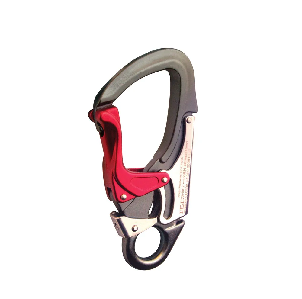Close-up of SH907 Triple-Action Snaphook with a durable, secure locking mechanism for safe climbing and rigging. Engineered for arborists and work-at-height professionals who demand strength and reliability. For product questions or to order now, call Endor’s Arborist & Rope Supply at (234) 410-3240 and speak with our expert team.