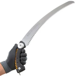 Close-up image of the Sugoi 420mm Hand Saw featuring a curved blade and aggressive teeth, ideal for professional tree trimming and pruning. This high-performance saw is built for speed and precision in arborist work. Available now at Endor’s Arborist & Rope Supply—call (234) 410-3240 to speak with our expert team and get the right cutting tool for your next job.