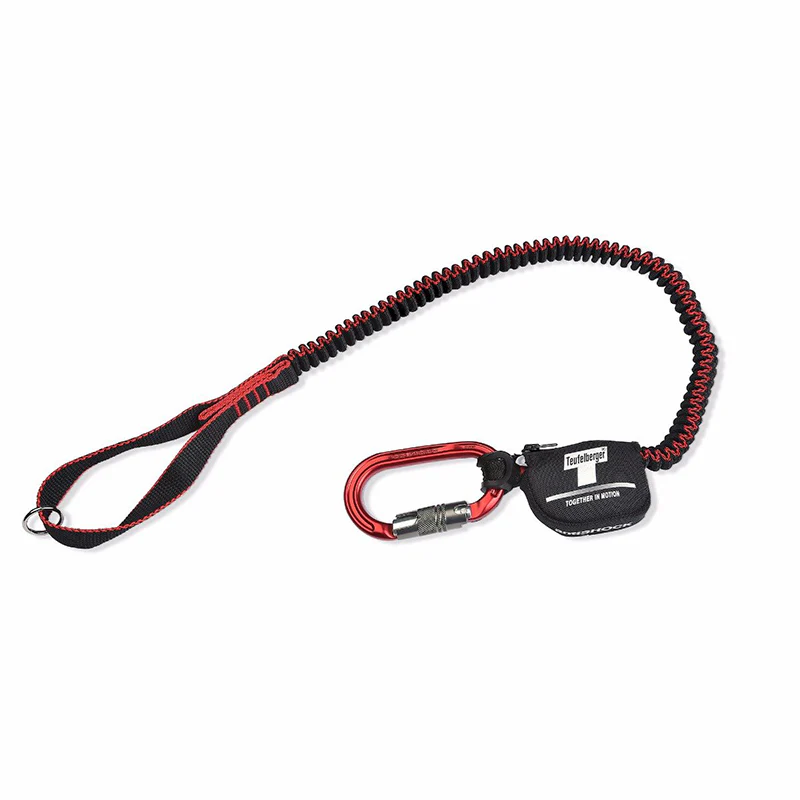 Image of the anti-shock tool lanyard with carabiner, engineered for secure tool retention and effective shock absorption in professional arborist operations. This premium tool lanyard is designed to enhance safety and efficiency during tree care and climbing tasks. Available now at Endor’s Arborist & Rope Supply. Call (234) 410-3240 today for expert advice and to upgrade your safety gear.